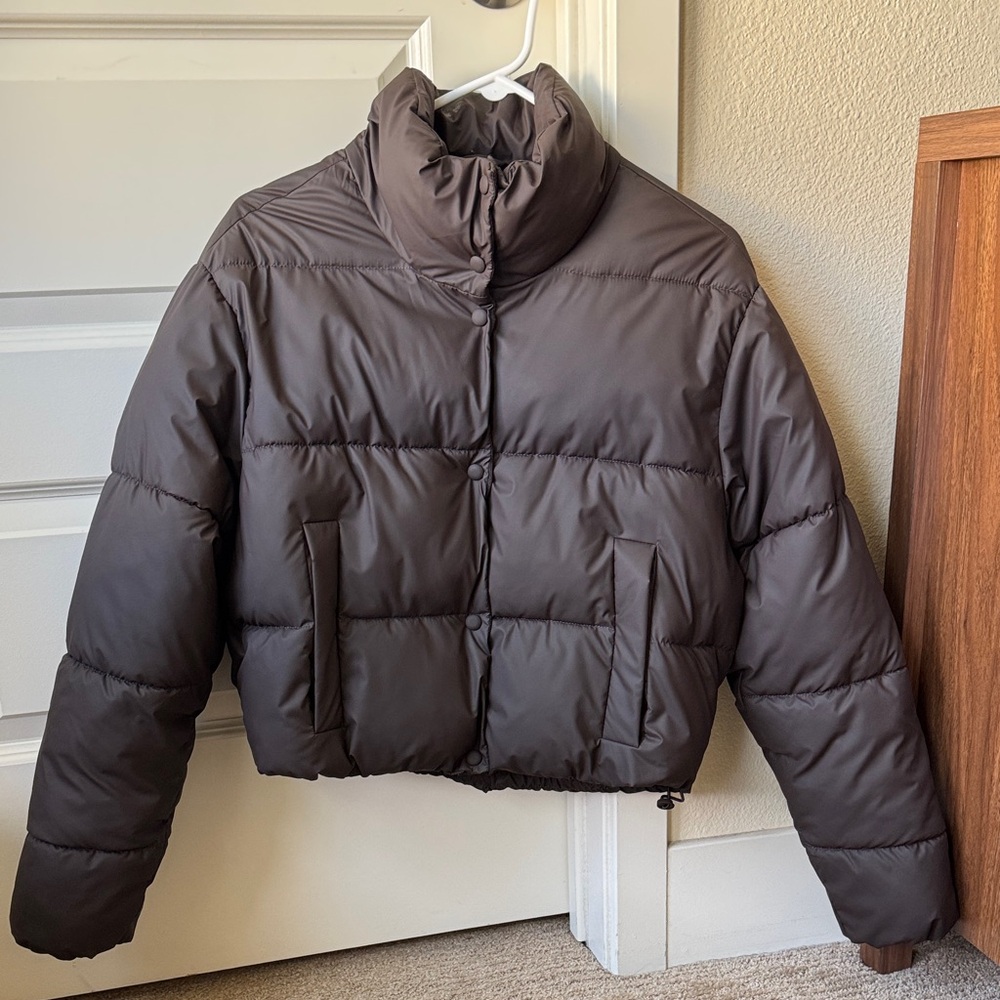 Zara Brown Puffer Jacket with zip and buttons size small
